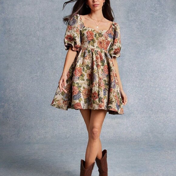 Multicolor Boho Womens Floral Tapestry Square Neck Short Puff Sleeve Mini Dress - Picture 2 of 5